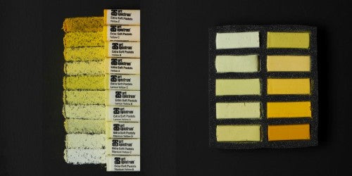 Set of 10 vibrant yellow soft pastels designed for smooth blending and versatile artistic expression.
