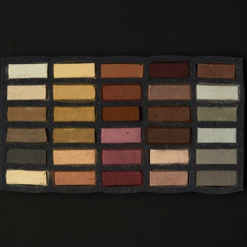 Set of 30 soft earth pastels, rich in pigment, perfect for blending and creating vibrant artwork.