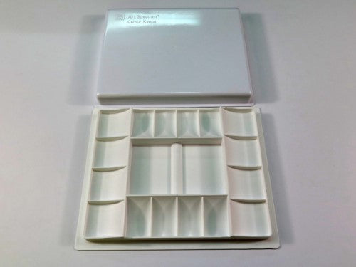 Robust plastic palette with 16 wells, form-fitting lid, and mixing areas for watercolour and acrylic painting.
