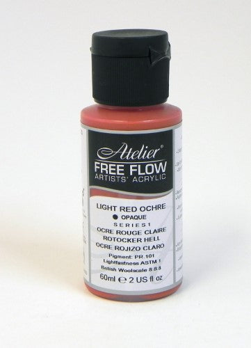 60ml bottle of Atelier Free Flow Acrylic Paint in Light Red Ochre, showcasing vibrant color and fluid consistency for artists.