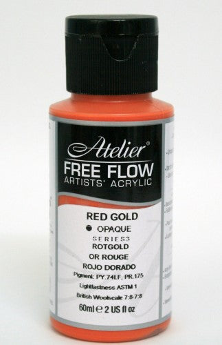 60ml bottle of vibrant Red Gold acrylic paint, showcasing fluid consistency and rich pigment for versatile artistic applications.