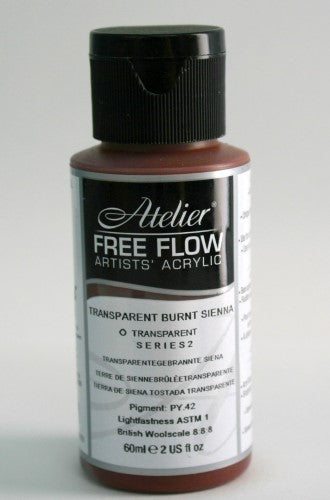60ml Transparent Burnt Sienna Acrylic Paint, vibrant and fluid with a matte finish, ideal for various artistic techniques.