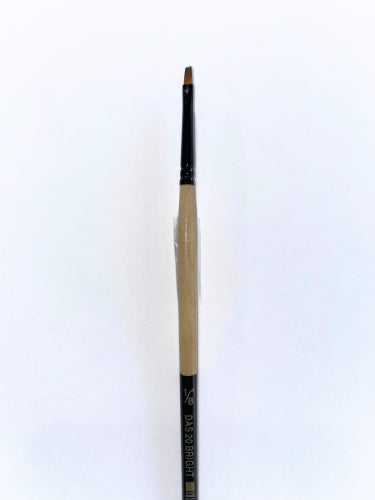 Das 20b Synthetic Bright 1/8” artist brush with golden nylon bristles for precise painting in various mediums.