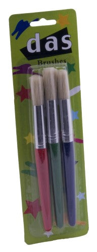 Set of 3 round bristle brushes for versatile painting with acrylics, watercolors, and oils.