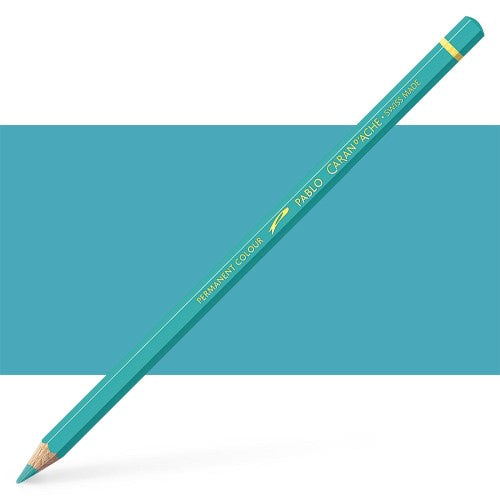 Caran d'Ache Pablo Turquoise Blue artist pencil, showcasing vibrant color and smooth application for art projects.