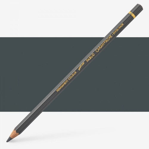 Three Caran d'Ache Pablo Slate Grey artist pencils, featuring 3.8 mm lead and vibrant coverage for sketching and shading.