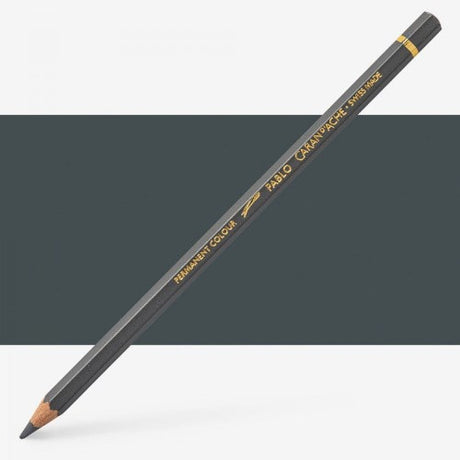 Three Caran d'Ache Pablo Slate Grey artist pencils, featuring 3.8 mm lead and vibrant coverage for sketching and shading.