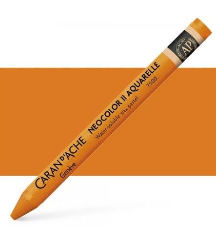 Caran D’ache Neocolor II Raw Sienna crayon, known for its rich pigment and versatility in wet and dry techniques.
