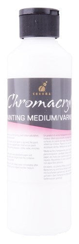 Clear Chromacryl Medium Varnish 250ml enhances acrylic art with a glossy finish, ideal for canvas, paper, and wood.