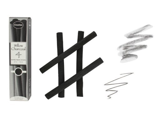 Coates Willow Charcoal Extra Thick sticks for rich textures and deep lines, perfect for detailed sketches and shading.