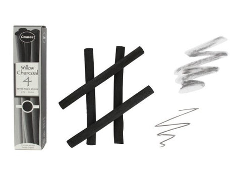 Coates Willow Charcoal Extra Thick sticks for rich textures and deep lines, perfect for detailed sketches and shading.