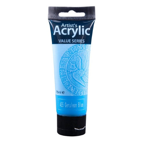 Phoenix Acrylic 75ml Cerulean Blue paint, vibrant shade for artists, ensures rich color and quick drying for seamless blending.