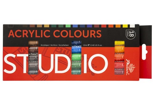 Vibrant 18-color acrylic paint set in 12ml tubes, ideal for artists of all levels, great for various surfaces and techniques.