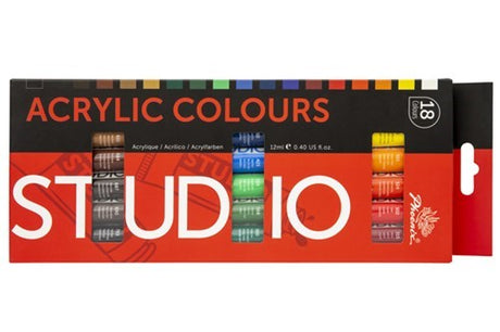 Vibrant 18-color acrylic paint set in 12ml tubes, ideal for artists of all levels, great for various surfaces and techniques.