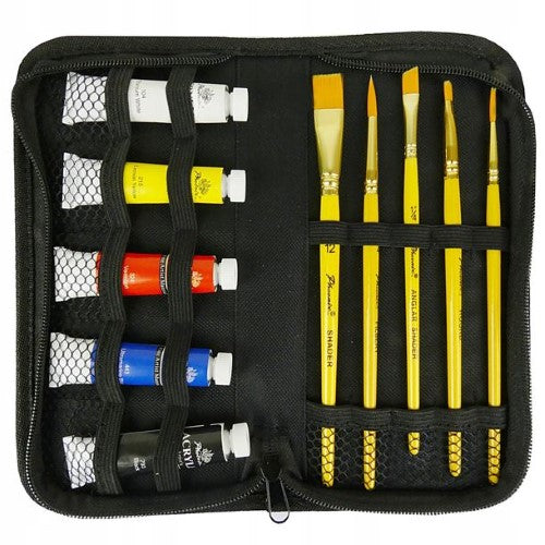 Phoenix Acrylic Travel Set featuring 5 vibrant paint tubes and brushes in a compact case for artists on the go.