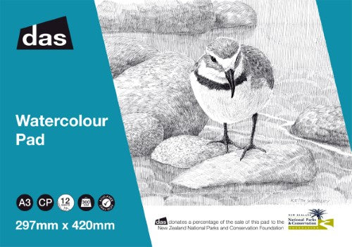 Das W/C Pad (Wrybill) A5 sketch pad with 12 sheets of 300gsm cold-pressed paper, ideal for watercolor and mixed media.