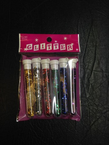 Das Glitter Set of 6 assorted jars featuring vibrant hues for arts and crafts, safe and ideal for all ages.