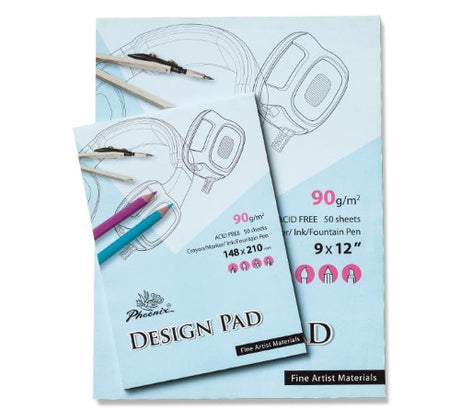 PHOENIX DESIGN PAD A4 features 50 sheets of smooth, bright white 90g/m² paper for various artistic mediums.