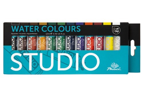 Vibrant Phoenix Watercolour 12 X 12ml Sets with richly pigmented paints in convenient tubes for all skill levels.