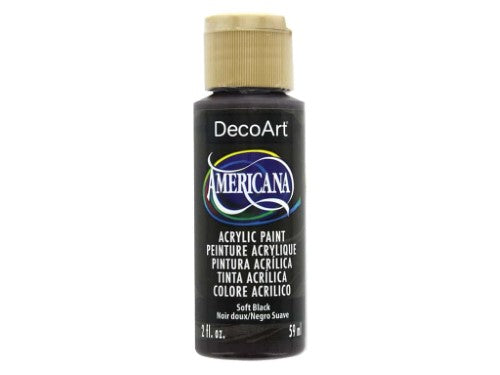 Americana Acrylic 2oz Soft Black paint in a sleek bottle, ideal for versatile art projects with a matte finish.