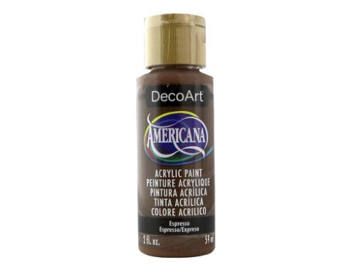 Americana Acrylics 2oz Espresso, a deep brown paint ideal for wood, canvas, and ceramics, featuring easy blending and quick drying.