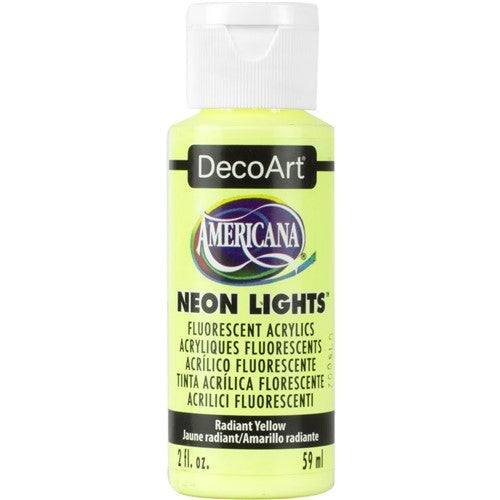 DecoArt Americana Neon Lights Paint in Radiant Yellow, a vibrant 2oz acrylic for illuminating craft projects with a pastel glow.