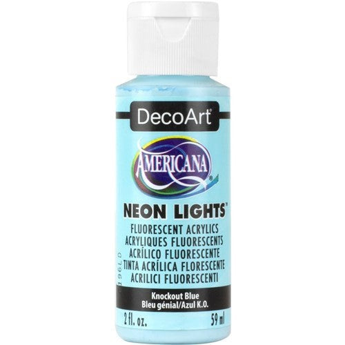 Decoart Americana Neon Lights Paint in KNOCKOUT BLUE, 2oz, vibrant water-based acrylic for arts, crafts, and home decor.