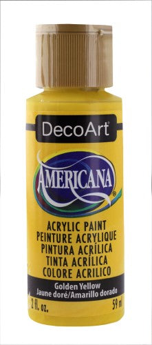 Americana Acrylics 2oz Golden Yellow, vibrant paint ideal for artists and crafters, versatile for multiple surfaces and techniques.