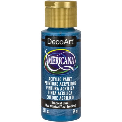 Vibrant Americana Acrylics 2oz Tropical Blue paint for superior coverage and easy blending in various art projects.