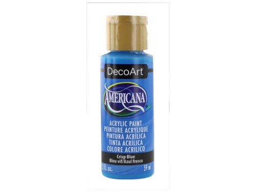 Americana Acrylics 2oz Crisp Blue, an all-purpose matte paint for vibrant art on various surfaces, ideal for crafts and DIY projects.