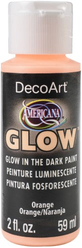 Americana Glow 2oz Glow Orange, a vibrant glow-in-the-dark paint perfect for artistic projects, both day and night.