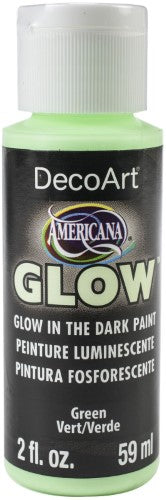 Decoart Americana Glow Paint in GLOW GREEN, 2oz, showcasing a vibrant glow-in-the-dark effect for creative projects.