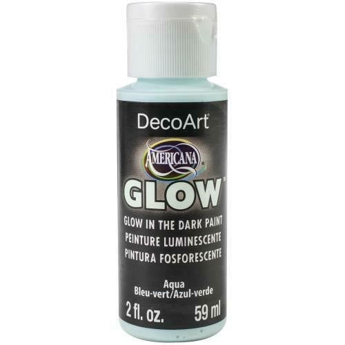 Americana Glow 2oz Glow Aqua: vibrant glow-in-the-dark acrylic paint for creative projects on various surfaces.