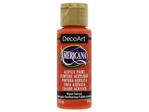 Vibrant Americana Acrylics 2oz Warm Sunset paint, ideal for artists, offering superior blending and lasting color for various surfaces.