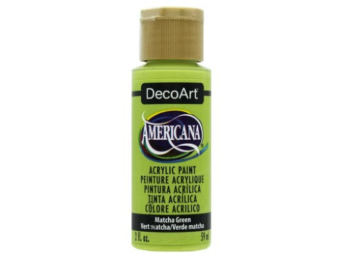 Americana Acrylics 2oz Matcha Green paint in a versatile shade for crafts, offering superior coverage and a matte finish.