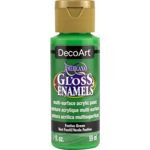 Americana Gloss Enamel 2oz in Festive Green, vibrant acrylic paint for multi-surface crafting with a glossy finish.