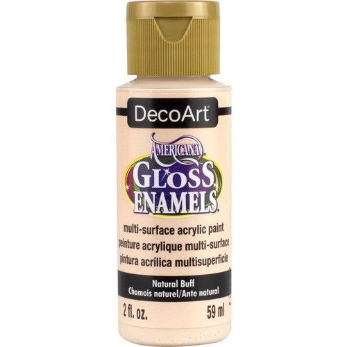Americana Gloss Enamel 2oz in Natural Buff, versatile paint for glossy finishes on various surfaces like glass, wood, and ceramics.