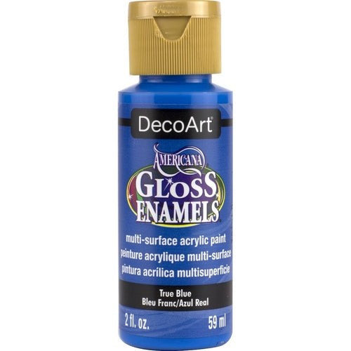 Americana Gloss Enamel 2oz True Blue, a vibrant multi-surface acrylic paint ideal for various crafting projects.