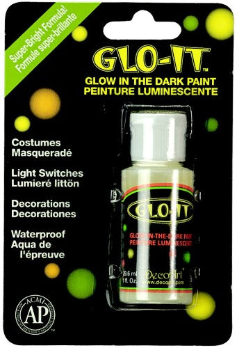 Decoart 1oz Glo-It glow-in-the-dark paint for vibrant, luminous art projects on multiple surfaces. Safe and versatile for all ages.