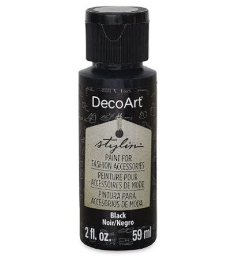 Decoart Stylin 2oz Black multi-surface acrylic paint for leather, fabric, and canvas projects, offering durable, flexible finishes.