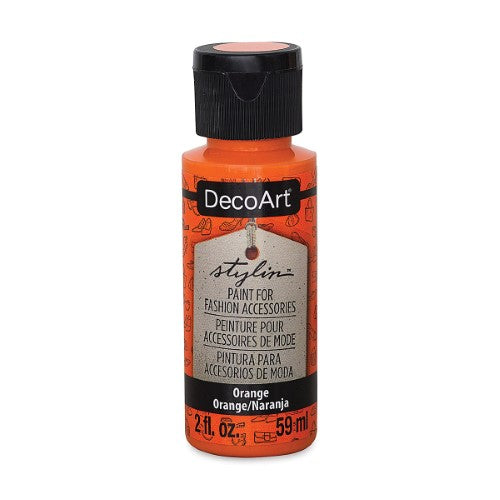 DecoArt Stylin 2oz Orange fabric paint for customizing leather and canvas with a flexible, durable finish.