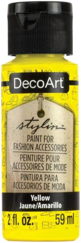 DecoArt Stylin 2oz Yellow fabric paint for vibrant, durable finishes on leather, canvas, and synthetic surfaces.
