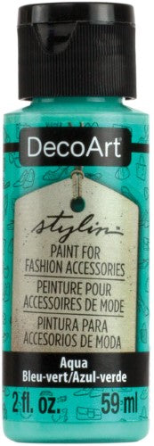 DecoArt Stylin 2oz Aqua acrylic paint, ideal for versatile fabric projects, offering vibrant colors and durable finishes.