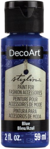 DecoArt Stylin 2oz Blue fabric paint for revitalizing surfaces like leather and canvas with vibrant, durable color.