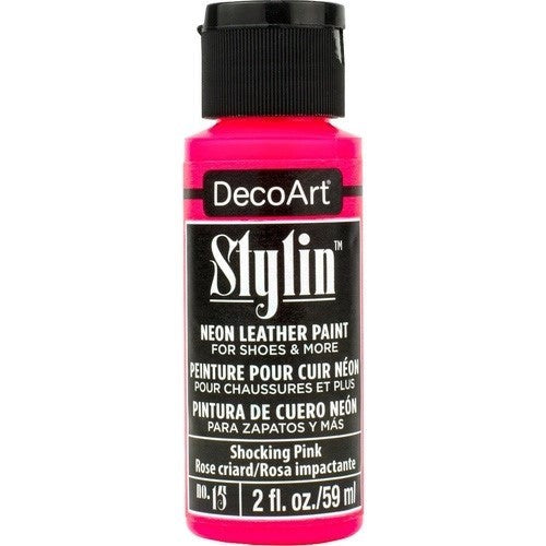 DecoArt Stylin 2oz Shocking Pink acrylic paint for crafts and decor, offering vibrant color and flexible, durable finish.