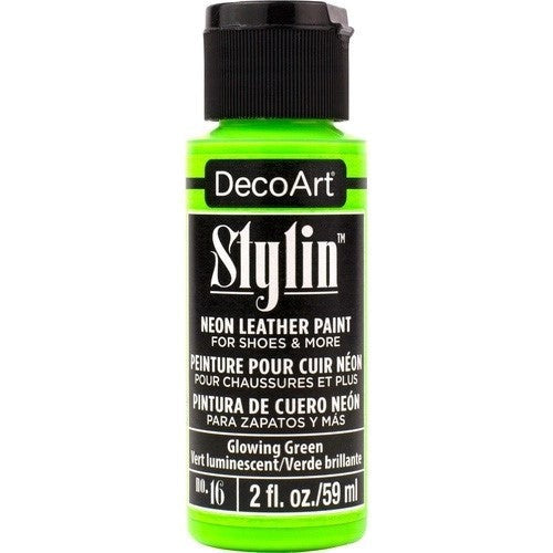 DecoArt Stylin 2oz Glowing Green acrylic paint, perfect for reviving leather and canvas with a glowing finish.