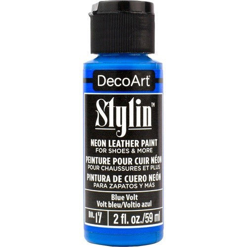 DecoArt Stylin 2oz Blue Volt fabric paint, vibrant blue, ideal for leather, canvas, and DIY crafting projects.