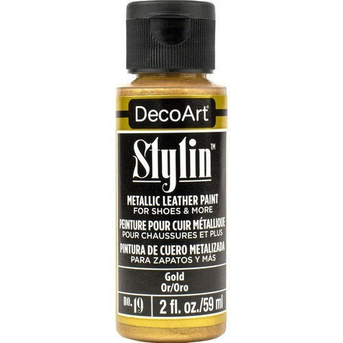 DecoArt Stylin 2oz Gold acrylic paint for fabric, ideal for vibrant, long-lasting designs on leather and canvas.