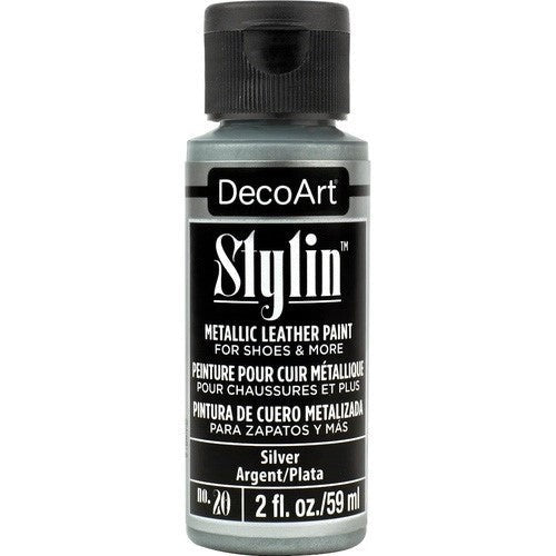 DecoArt Stylin 2oz Silver, versatile multi-surface acrylic paint for fabric, leather, and canvas customization.
