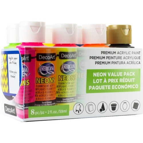 Decoart 8-Pack Americana Neons: vibrant acrylic paints in eight bold colors for canvas, wood, and fabric projects.